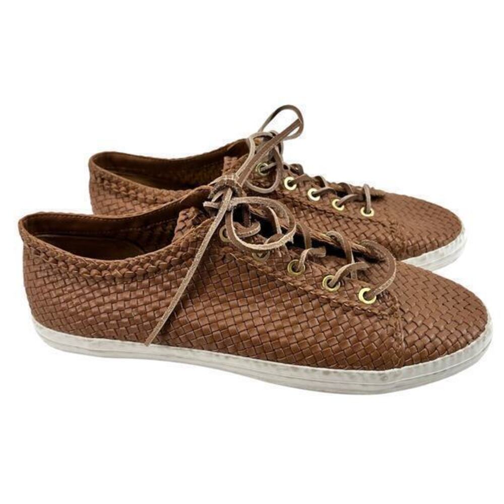 TALBOTS HILLY tan brown faux leather Woven Fashion Sneakers Casual Shoes sz 10.5